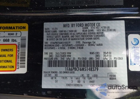 2021 Ford Mustang Gt Premium Fastback z USA, uszkodzony, nr VIN 1FA6P8CF6M5148379